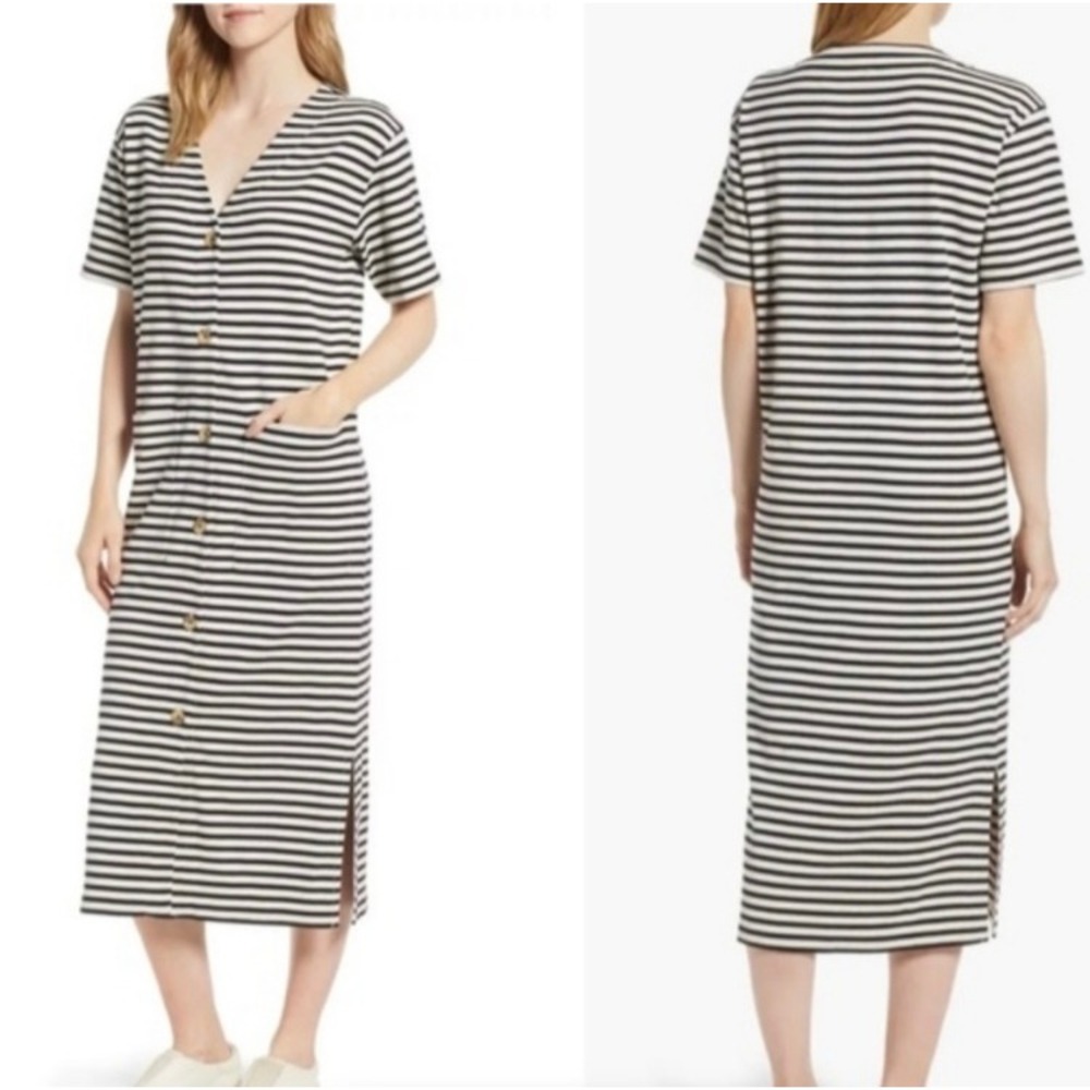 Lou & Grey Striped Organic Cotton Button Front Dress Duster Black Cream Womens L